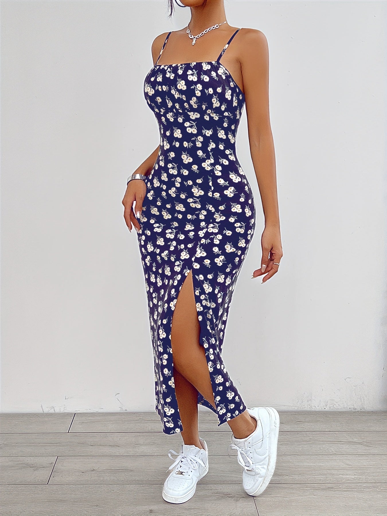 Floral Print Split Hem Cami Dress - Elegant Sleeveless Spaghetti Strap Dress For Spring & Summer - Women's Clothing - For Women - Perfect for Casual & Party Occasions - Ideal Gift for Her