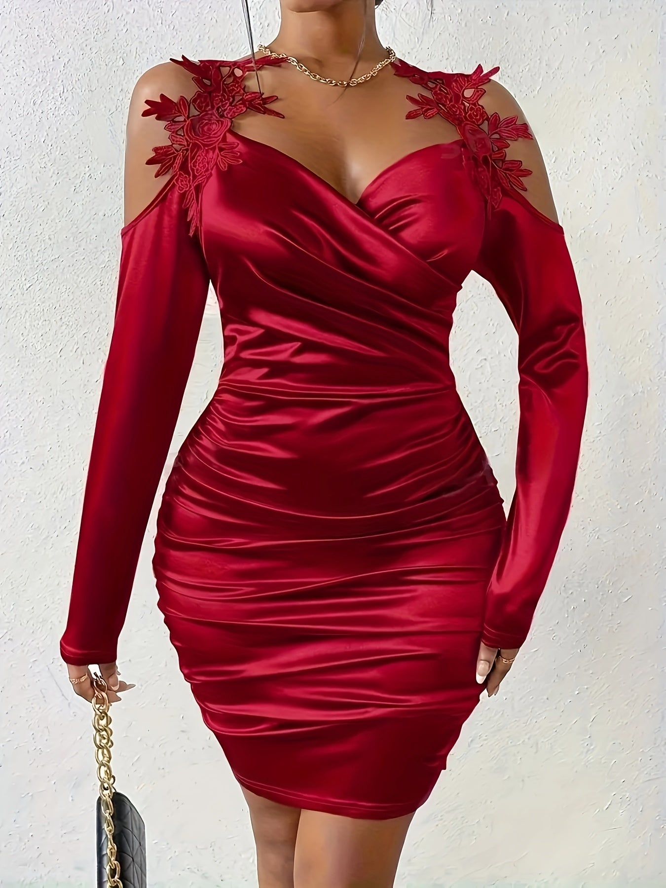 Floral Applique Cold Shoulder Dress, Elegant Long Sleeve Bodycon Dress for Party & Banquet, Women's Clothing