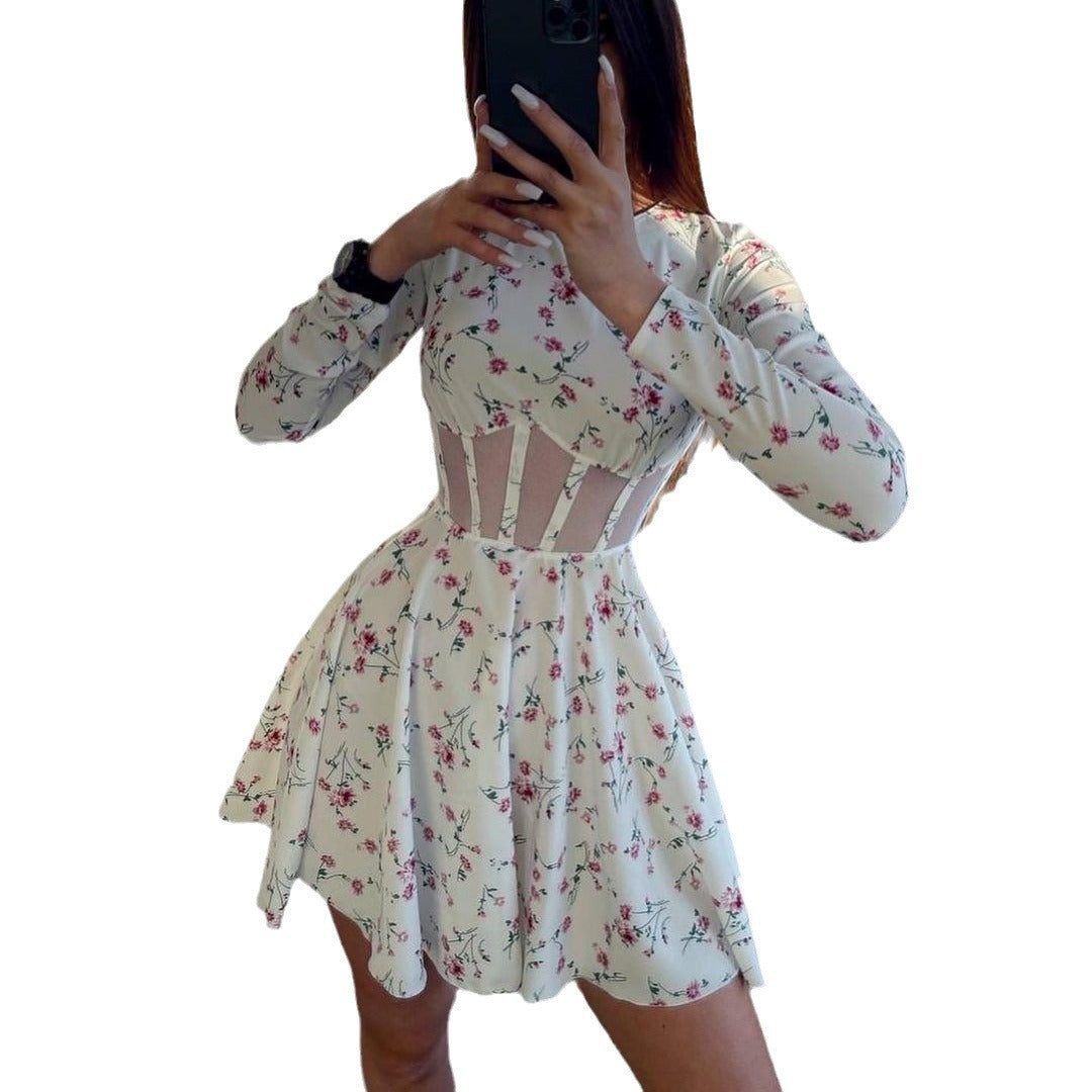 Womens Sexy Mesh Hollow-Out Patchwork Printed Dress