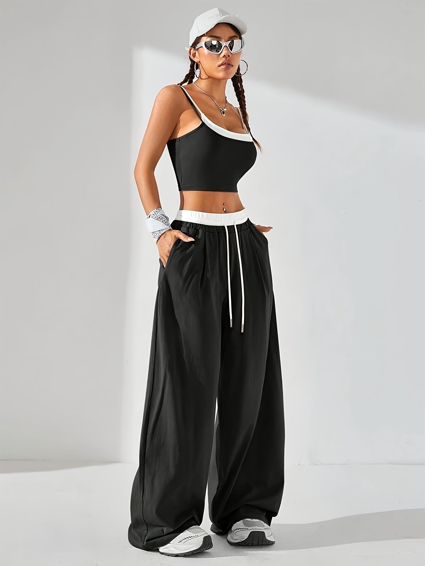 Chic Spring/Summer Two-in-one Contrast Color Cami Top with Color Block Wide-Leg Pants for Women - Polyester, Drawstring, Elegant Urban Style
