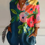 Vibrant Color Print Long Sleeve Casual Turnover Collar Button Shirt, Loose Fit for Daily Outing and Vacation, Must-have in Wardrobe
