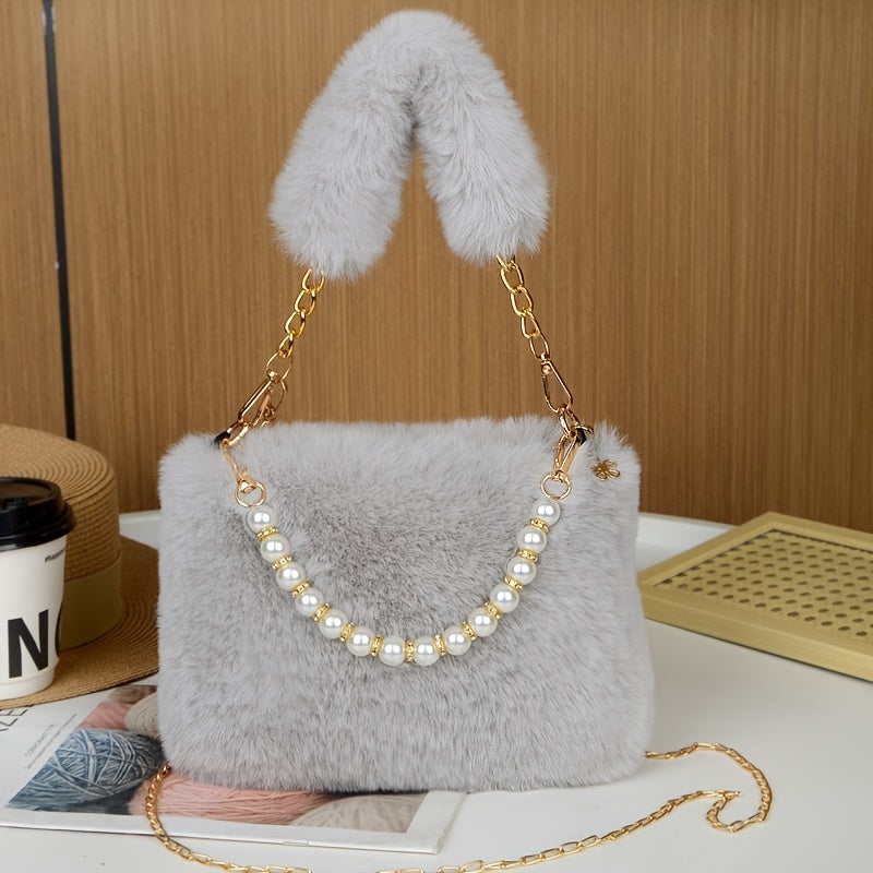 Faux Fur Shoulder Bag with Chain Strap, Synthetic Solid Color Handbag, Zipper Closure, Unlined, Non-Washable - Fashionable Mini Square Purse for Women