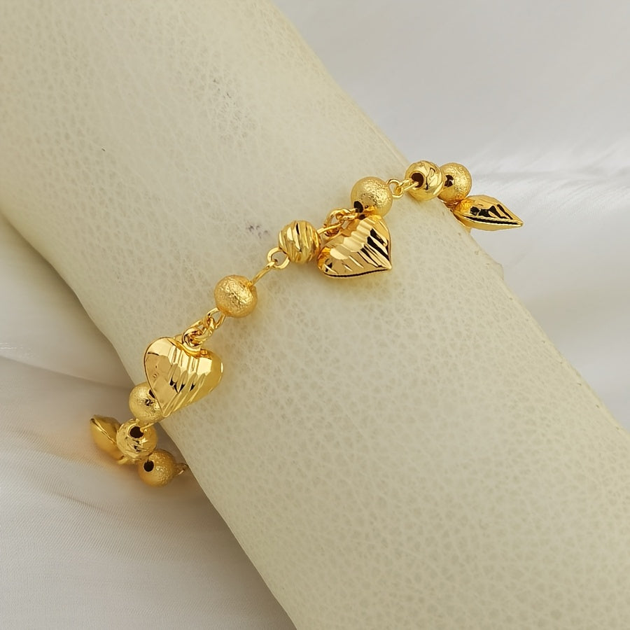 3pcs Luxurious Golden-Toned Heart Pendant Bracelet Set for Women - Boho Chic Style, Ideal for Weddings, Birthdays, Parties, Valentine's & Ramadan Gifts, Jewelry Set