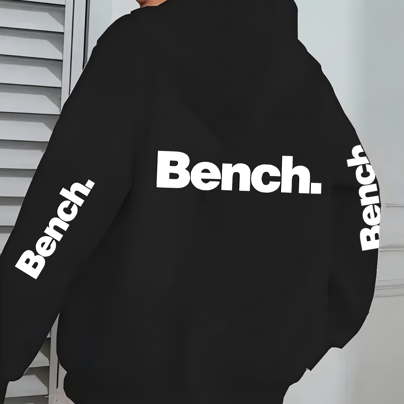 Women's Casual Hooded Jacket with Bold "Bench" Letter Print, Kangaroo Pocket & Zipper Collar - Machine-Washable Polyester, All-Season Versatile Outerwear, Perfect Gift for Her, Lightweight Layering, Urban Fashion, Quality Sti
