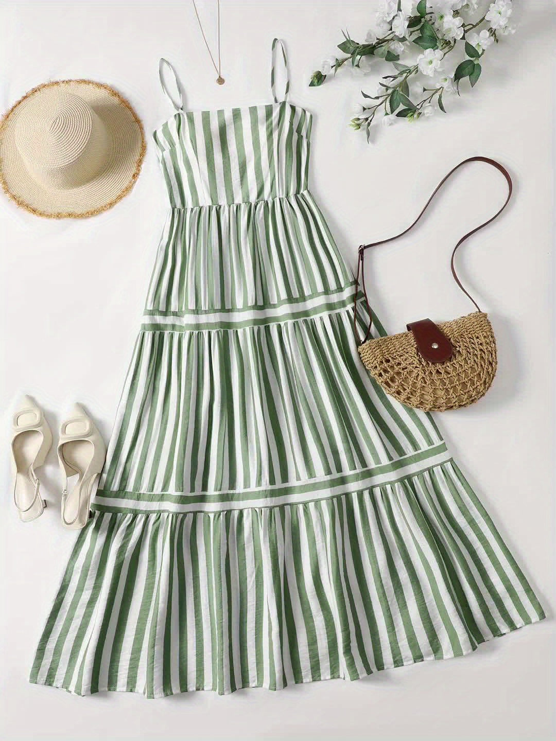 Elegant Green & White Striped Midi Dress with Adjustable Spaghetti Straps and Ruffled Hem - Machine Washable, Perfect for Spring/Summer/Fall