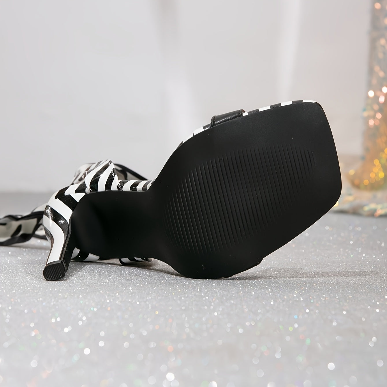 2025 New Arrival - Women'S Fashionable Strappy Bow-Adorned High-Heel Sandals with Ankle Straps, Open Toe, Lace-Up Closure, Ultra High Heel, Stylish Black and White Polka Dot Design, All-Season Wear, Stylish High Heel Sandals