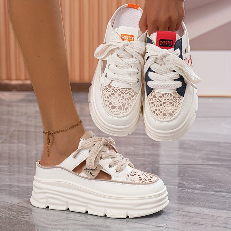 Women's Stylish Thick-Sole Platform Sandals - White & Orange, Round Toe, PU Cover, Lace-Up Design, Summer Outdoor Shoes with Rubber Sole for Added Height, Ladies Sandals
