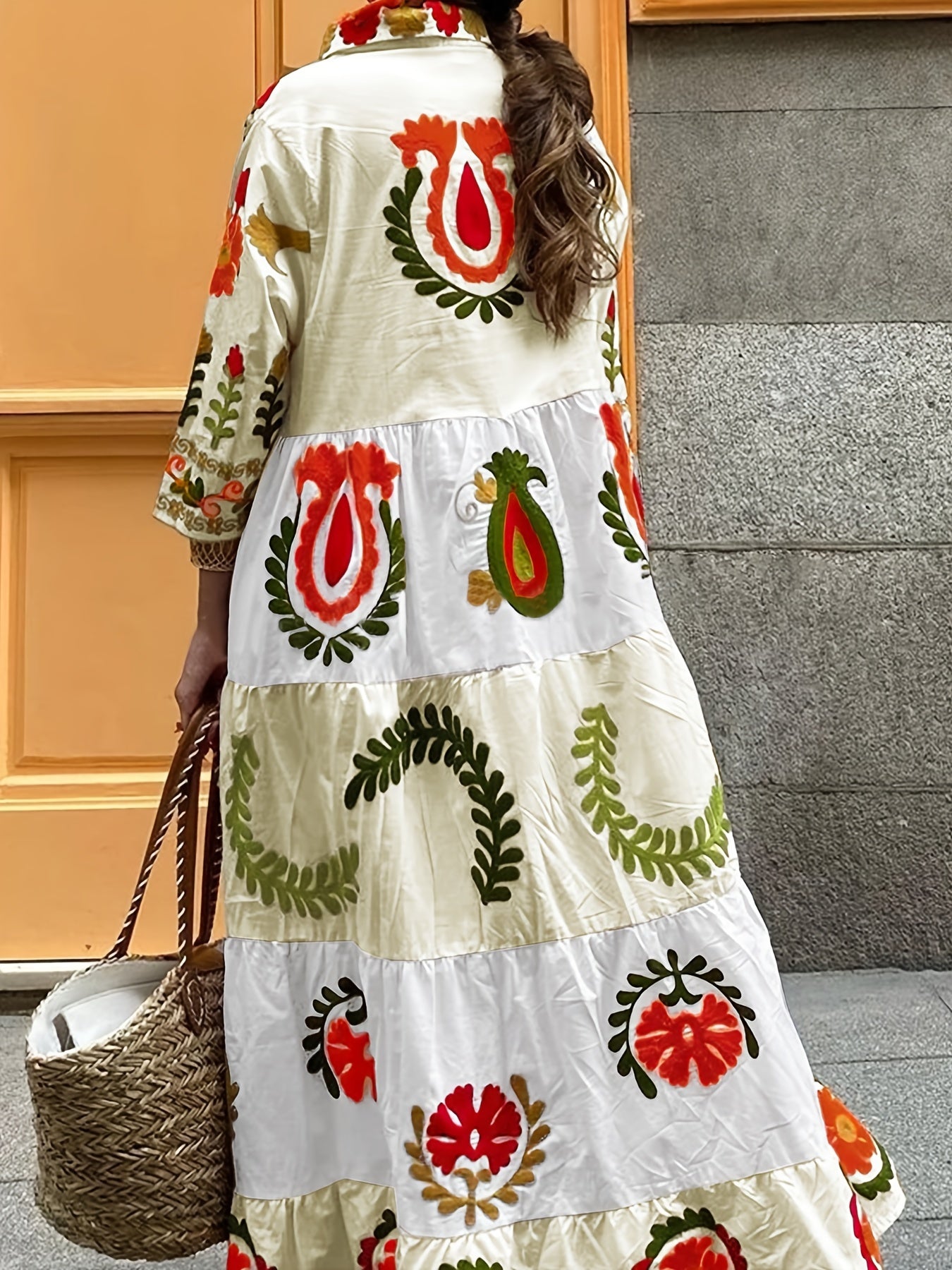 Women'S Elegant Floral Print Maxi Dress with Layered Ruffle Detail - Loose Fit, Long Sleeve, Button-Up Shirt Dress for Spring and Fall, Casual Attire|Floral Print Dress|Layered Ruffle Detail