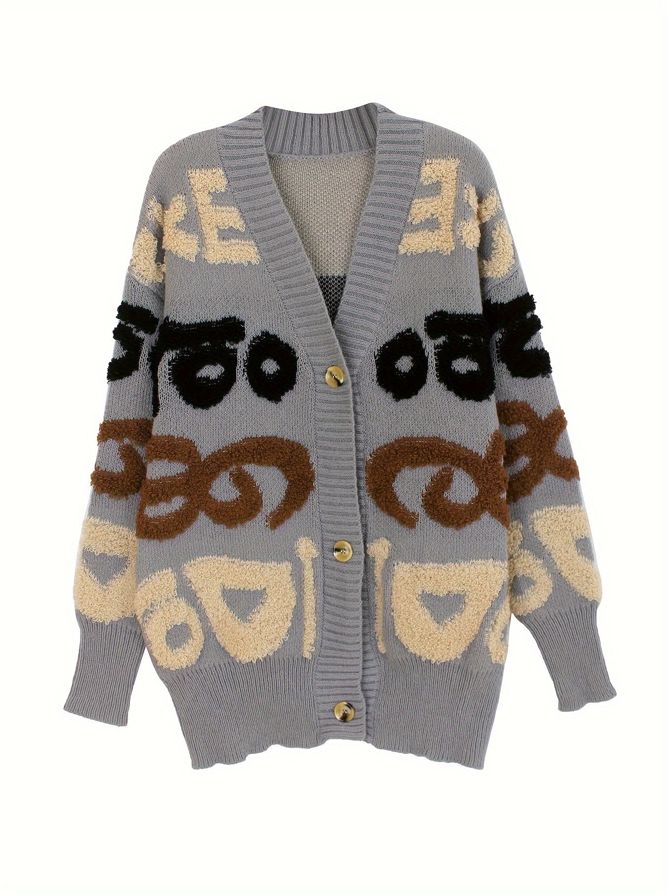 Letter Pattern Button Down Knit Cardigan, Casual Long Sleeve Loose Sweater Outwear, Women's Clothing