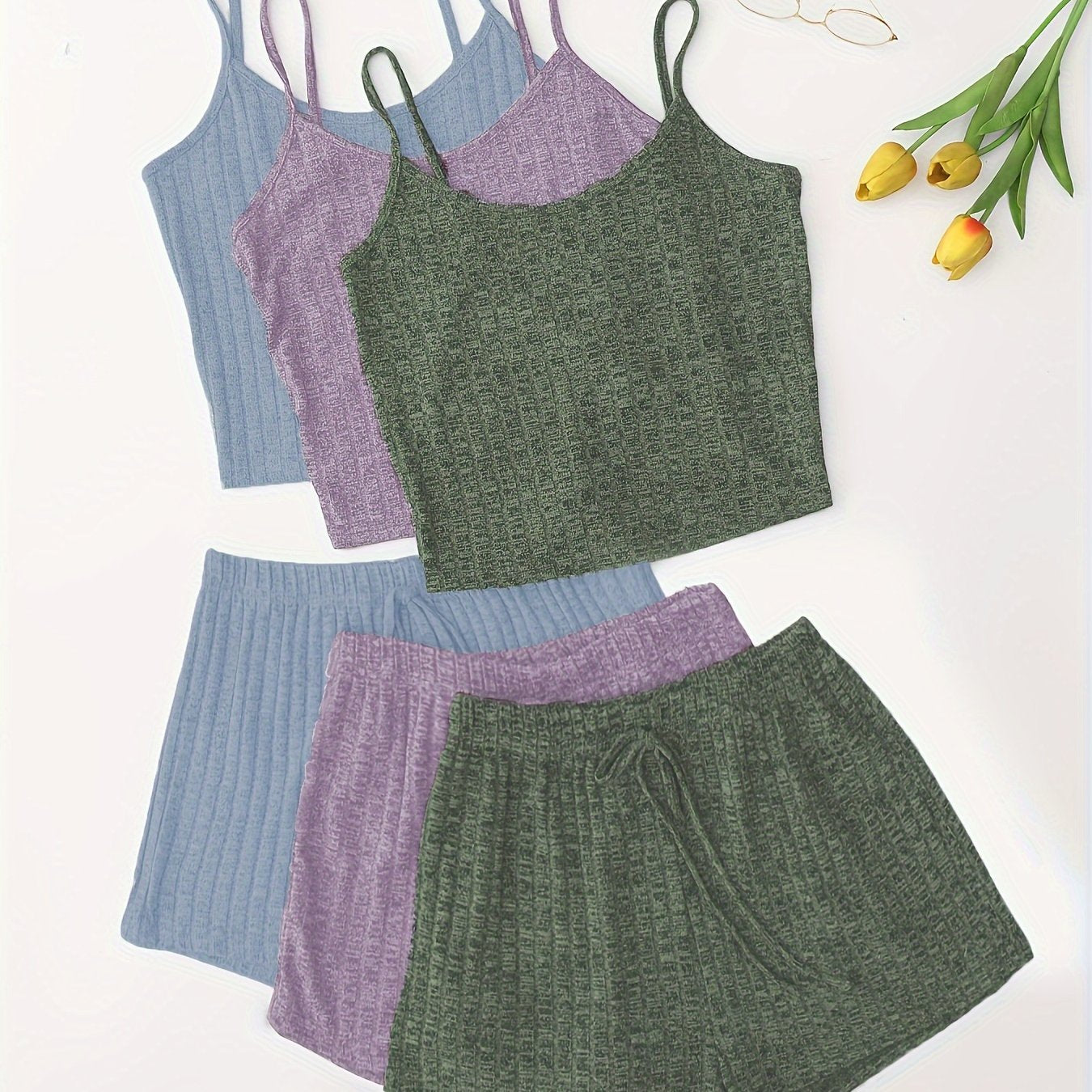 3 Sets Solid Pajama Set, Round Neck Cami Top & Lace-up Shorts, Women's Sleepwear & Loungewear