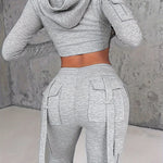 Women's Chic Hooded Zip-Up Cardigan & Pants Set - Stretchy Polyester Blend, Machine Washable, Casual Knit Outfit with Pockets, Solid Color, All-Season Comfort Fit