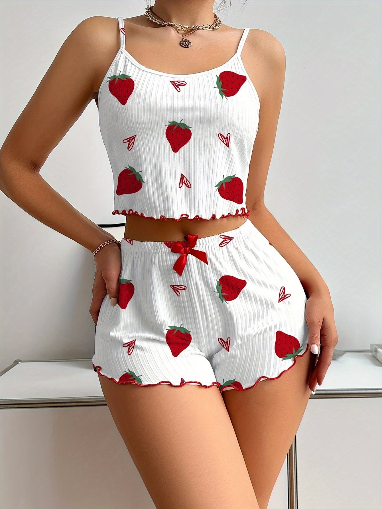 Women's Strawberry Print Sexy Ribbed Frill Trim Pajama Set, Round Neck Backless Crop Cami Top & Shorts, Comfortable Relaxed Fit, Summer Nightwear