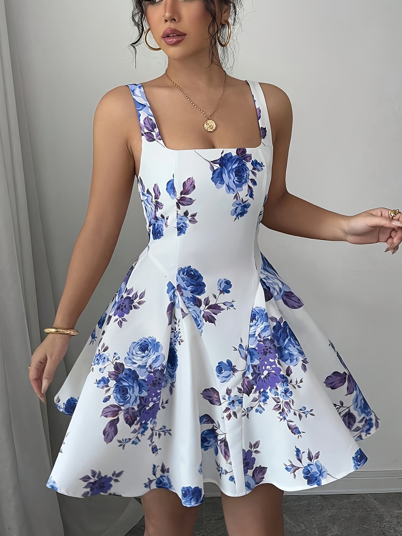 Elegant Floral Print Sleeveless A-Line Dress for Women - Lightweight Polyester Summer Dress with Square Neckline, Machine Washable, Perfect for Spring and Summer Outings, Spring Summer Dress | Summer Elegance Wear | Glossy Te