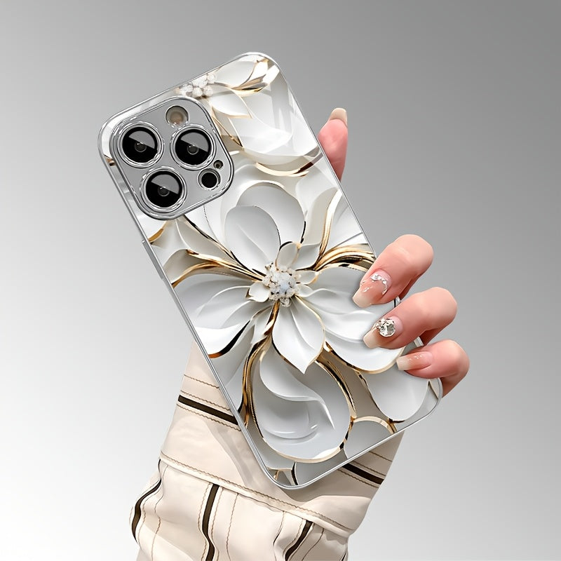 Light Luxury Elegant Ceramic Texture Golden Wire White Flower Pattern Electroplated Glass Mobile Phone Case with Lens Protection for iPhone 16/16Pro/16ProMax/16Plus/15/15Plus/15Pro/15ProMax, 14/14Plus/14Pro/14ProMax, 13/13Pro