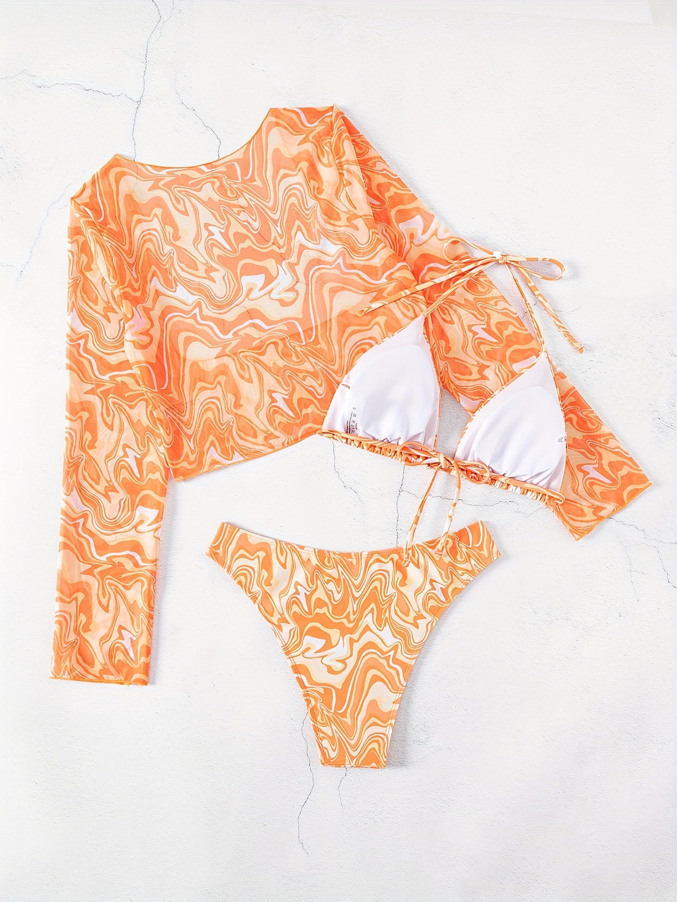 Women's Fashionable Long Sleeve V-Neck Bikini Set - Polyester Stripe Print Swimsuit with Medium Stretch Knit Fabric - Orange and White - For Beach Vacations - Perfect for Summer