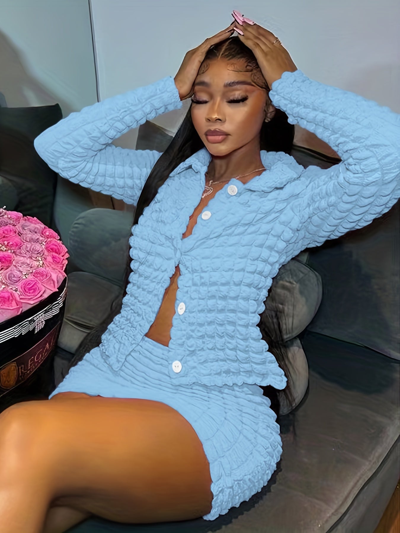 European and American Women's Cross-border 2023 New Bubble Pleated Sexy V-Neck Button Mini Skirt Fashion Two-Piece Set