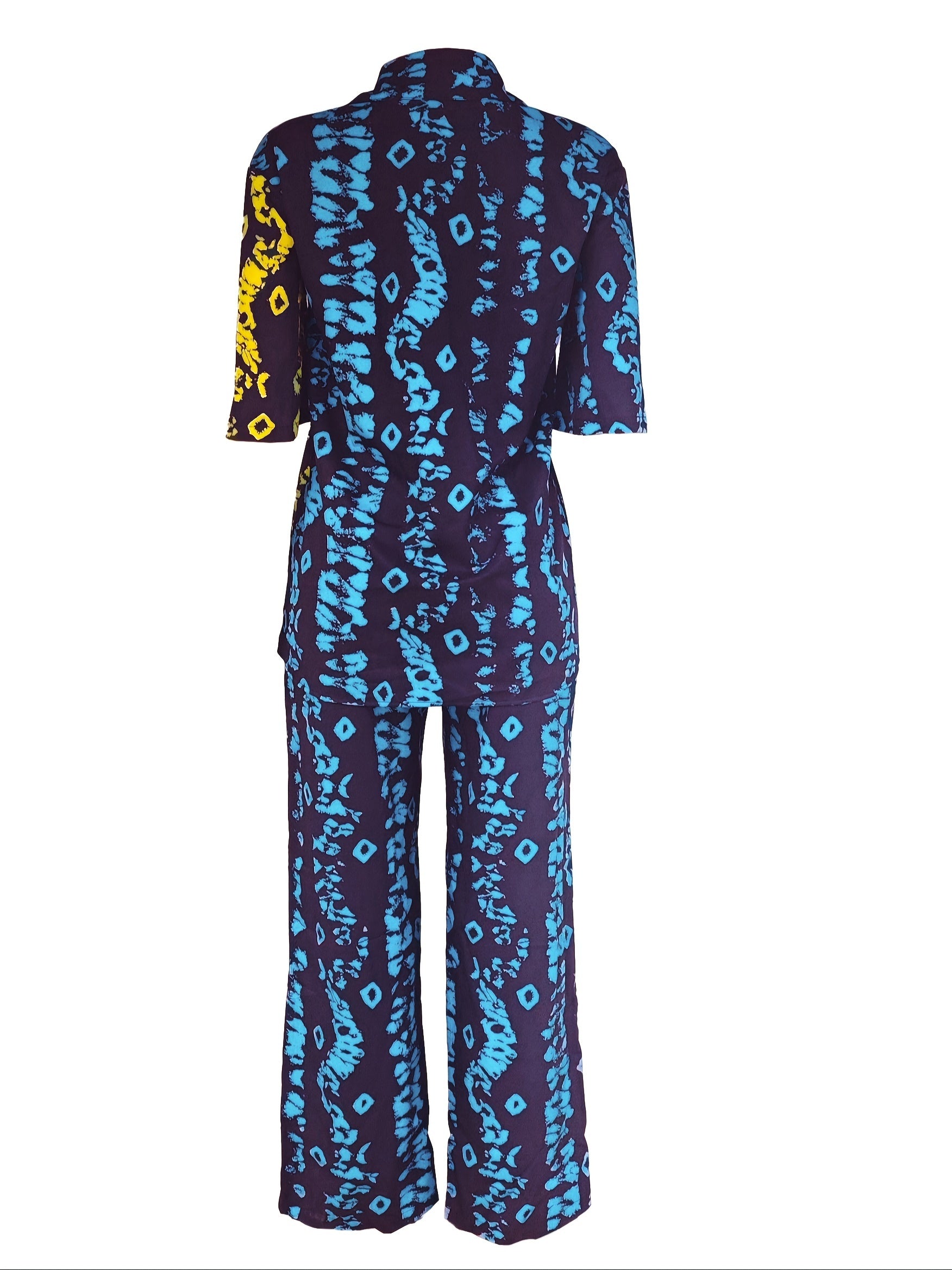 Women's Casual Print Two-Piece Set: Button-Up Shirt & Wide-Leg Pants - Polyester Blend, Vibrant Abstract Pattern, Machine Washable