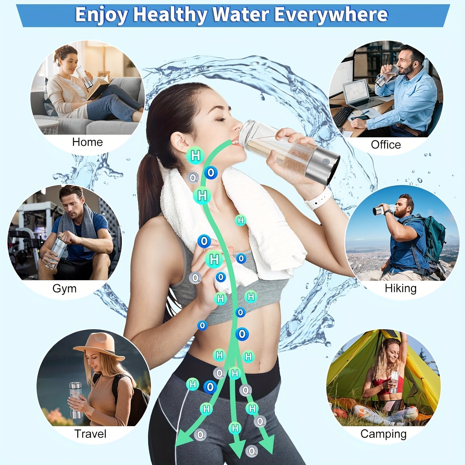 Portable hydrogen water bottle, upgraded version of 1000mAh rich in hydrogen water cup, rechargeable electrolytic hydrogen generator for 3 minutes, bubble machine spare parts, suitable for home office travel fitness