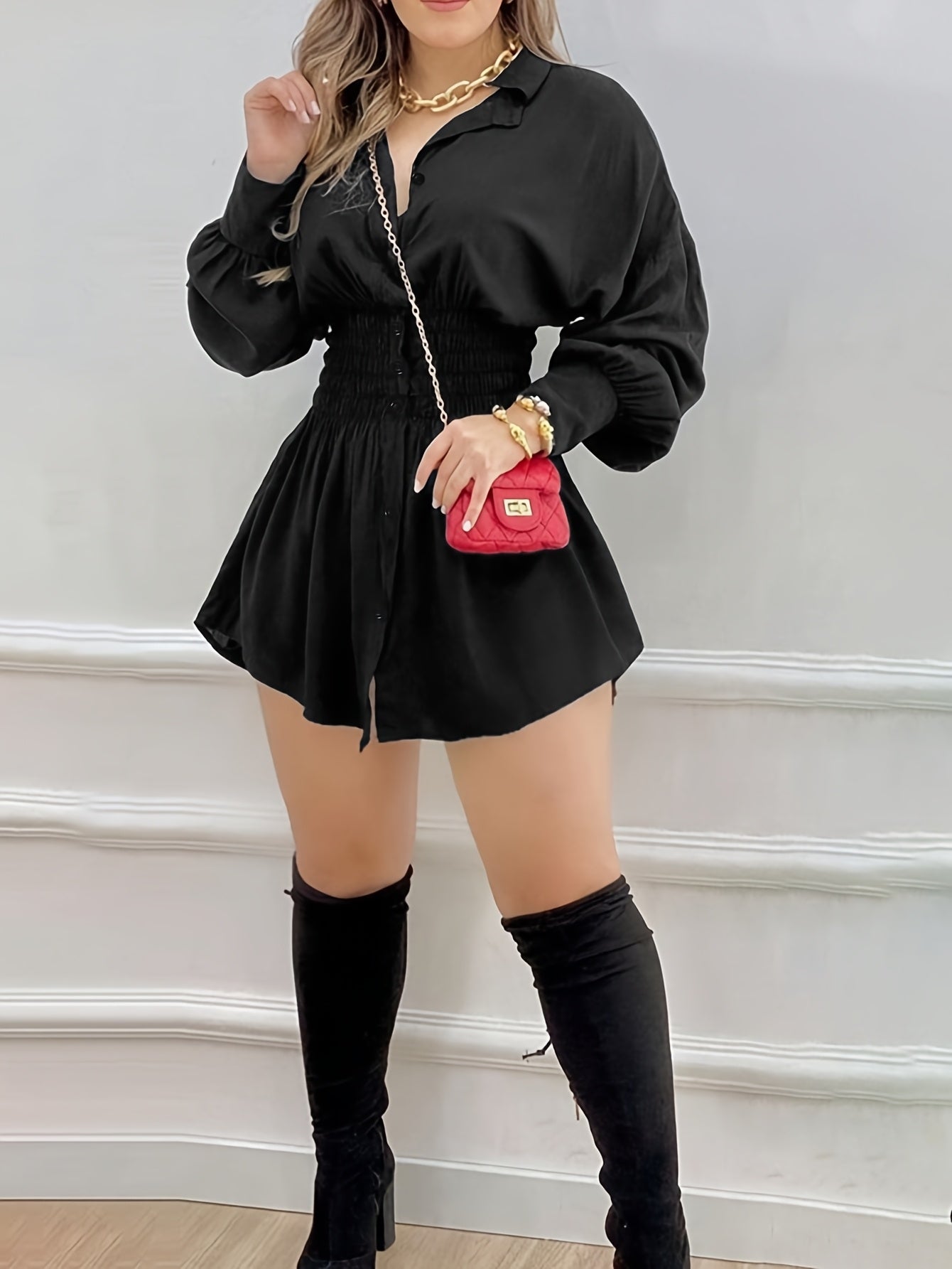 Women's Chic Navy Blue Long Sleeve Shirt Dress with Letter Print - Casual Polyester, Button-Up Collared Design, Machine Washable - Perfect for Spring/Summer/Fall, Seasonal Fashion|Collared Attire|Woven Textile