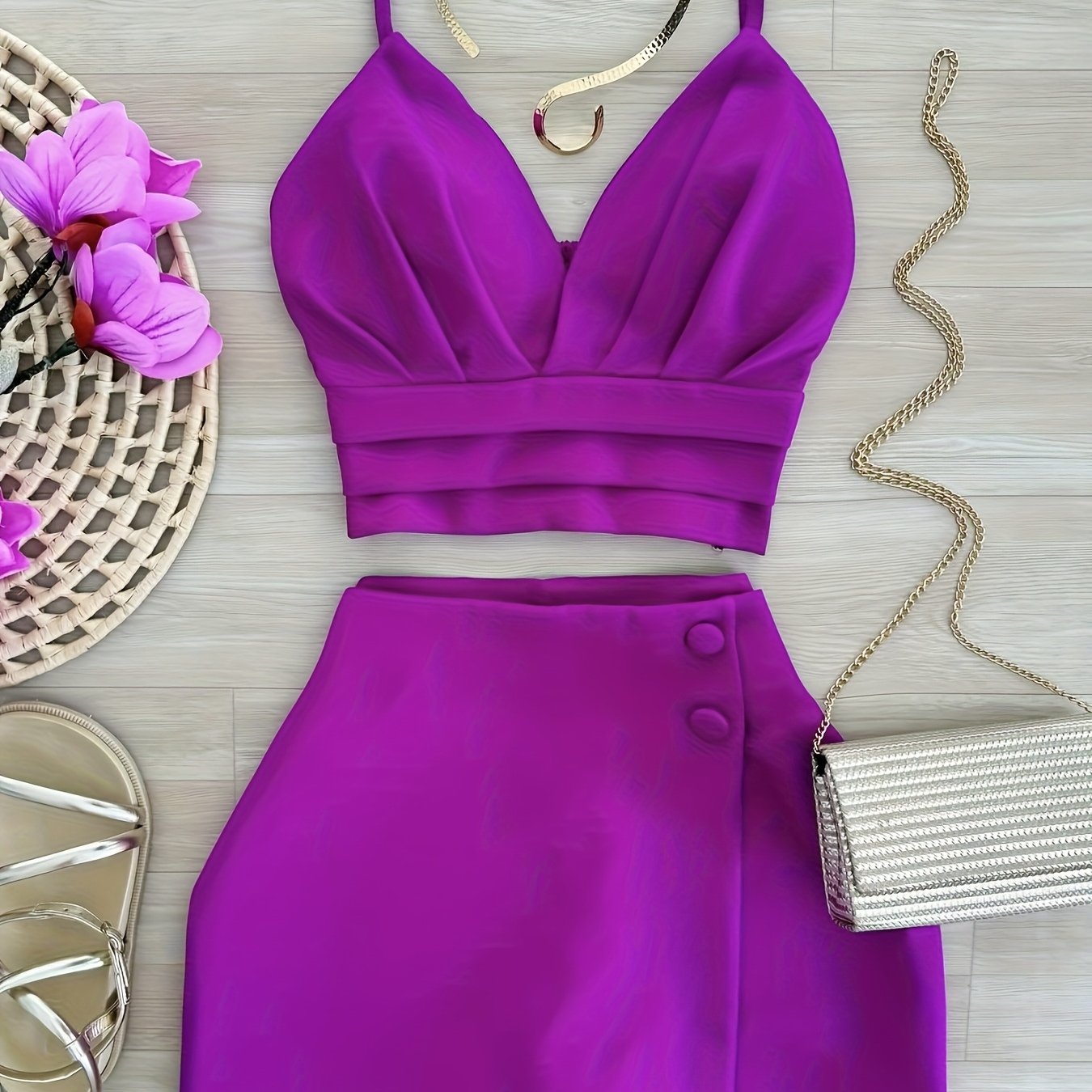 Women'S Elegant V-Neck Sleeveless Crop Top & High-Waisted Shorts Set - Vibrant Fuchsia Polyester with Button Detail, Golden Chain Strap & Clutch for Spring/Summer Casual Vacation Outfits, Vacation Outfit | Stylish Button Deta