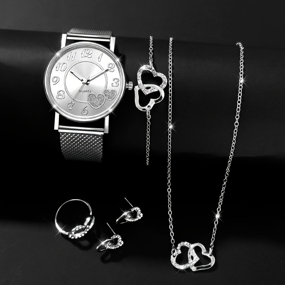 6pc New Elegant Fashion Ladies Round Watch + Simple Fashion Jewelry Set Valentine's Day Easter Ramadan Birthday Christmas, Gifts For Friends And Family Eid Al-Adha 【Middle East Orientation】