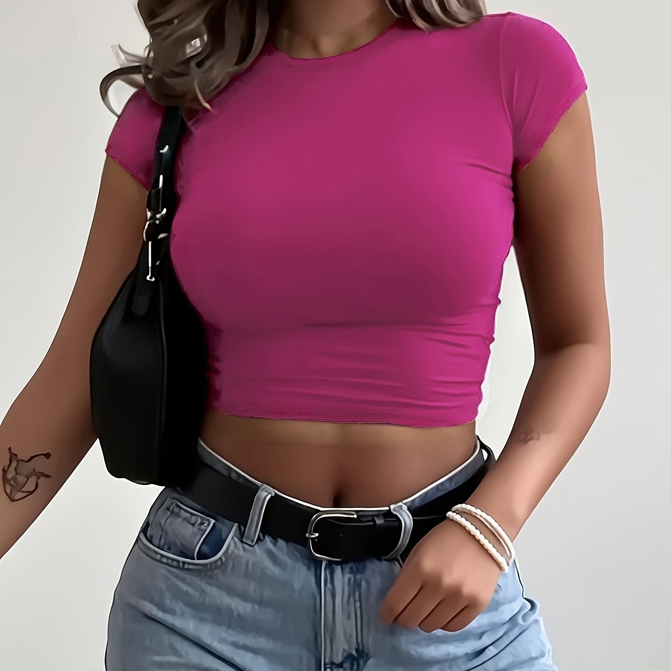 Women'S Slim-Fit Stretch Short Sleeve Crop Top - Solid Color Black, Casual Round Neck T-Shirt, Machine Washable, Perfect for Spring, Summer & Fal