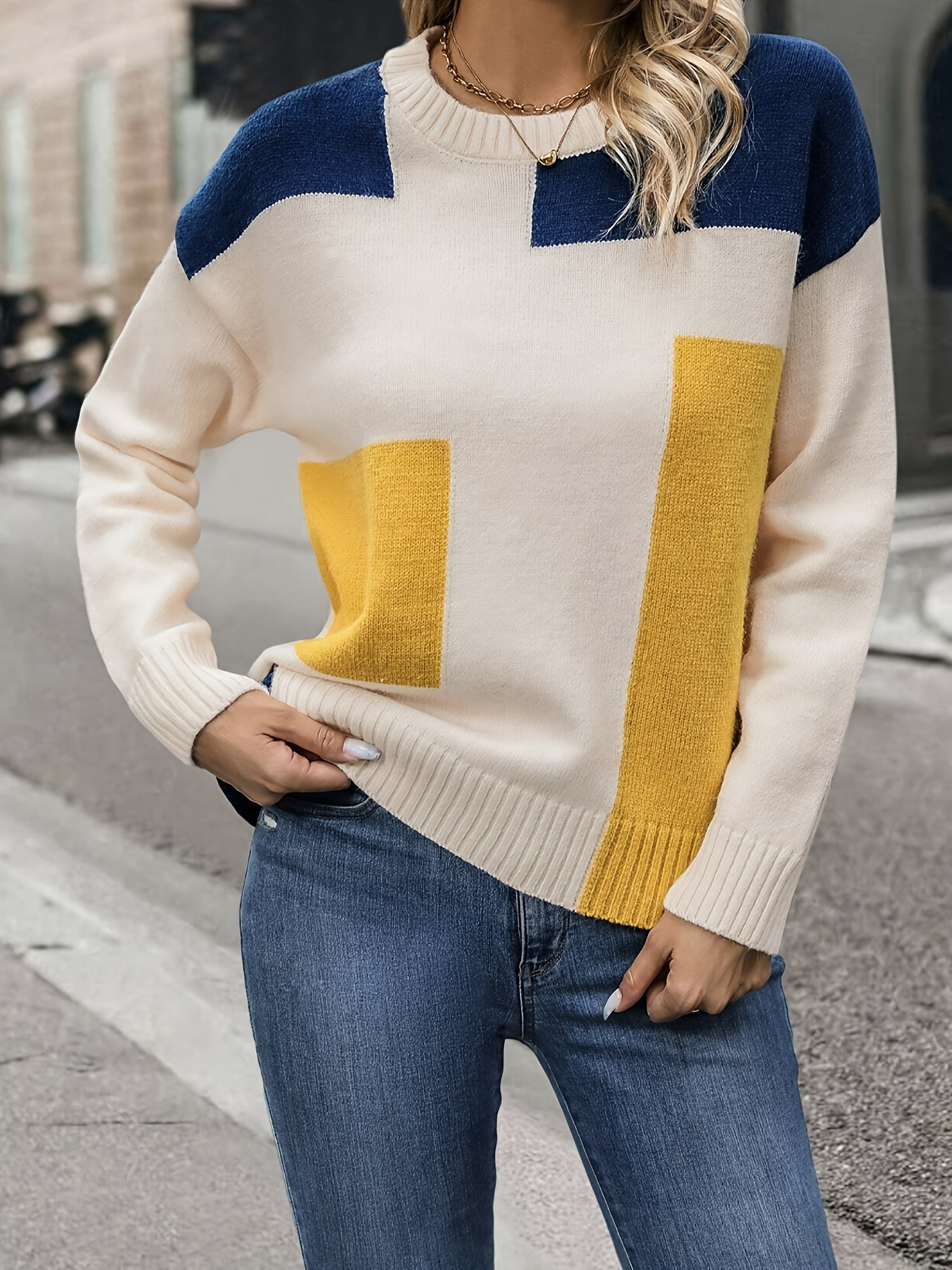 Stylish Color Block Crew Neck Pullover Sweater - Soft, Long Sleeve, Knitted, Casual, Fall & Spring Essential - Women's Clothing for Everyday Wear