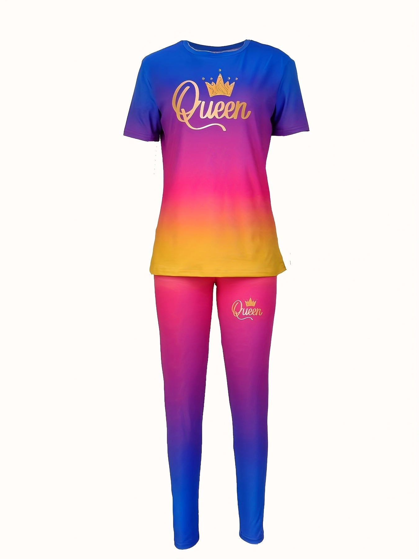 Casual Two-Piece Set with Crown and Queen Print, Short Sleeve Crew Neck T-Shirt and Leggings, Women's, Polyester Blend, Spring/Summer Collection