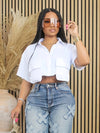 Women'S Sexy Short Crop Shirt, Solid Color Polyester 100%, Summer Short Sleeve with Lapel Collar, Two Pocket Design, Single Breasted Placket, Woven Fabric, 120g/m² - Casual Fashion Top