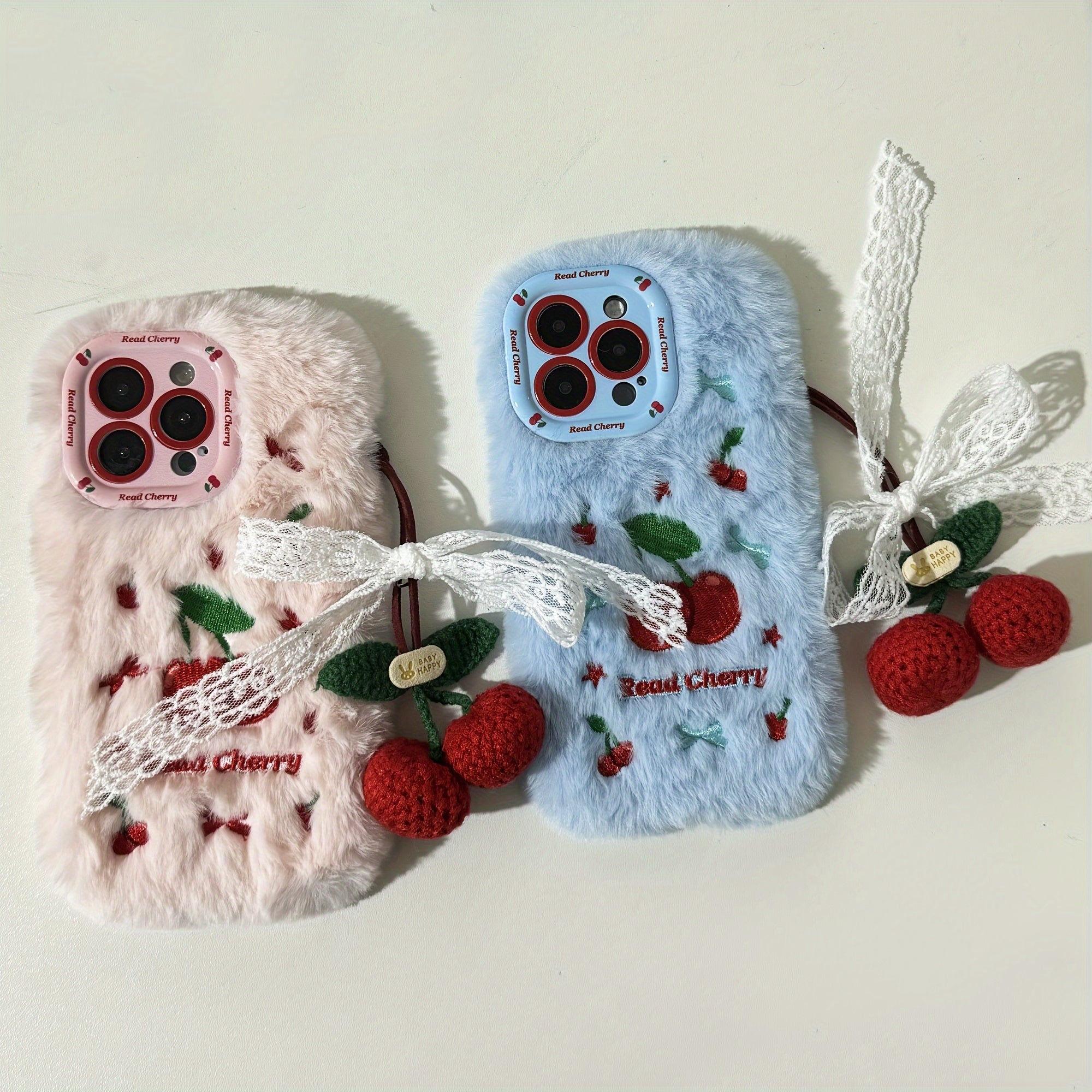 Autumn And Winter Cherry Plush Phone Case with Cherry Pendant for Iphone 16 Pro Max