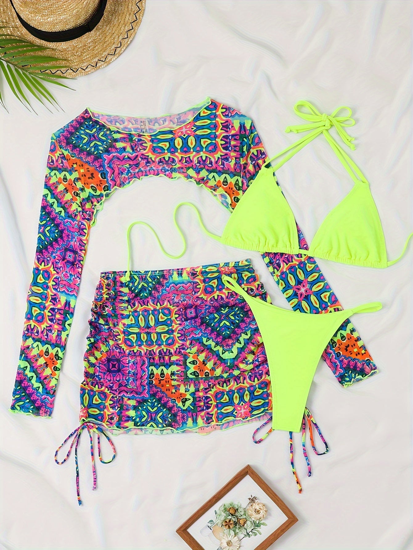 4-Piece Bikini Swimsuit Set - Vibrant Allover Print, Chic Halter Neck, Adjustable Tie Back, Flattering Backless High-Cut, Long Sleeves, Detachable Cover Up Shrug, and Flowy Skirt - Womens Swimwear & Clothing Essentials
