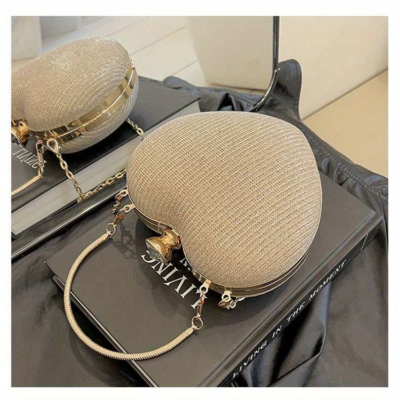 Ladies Fashion Shining Chain Crossbody Bag, Elegant Shoulder Heart Shaped, Metal Embellished, Black, with Buckle Closure, for Party, Wedding, Date