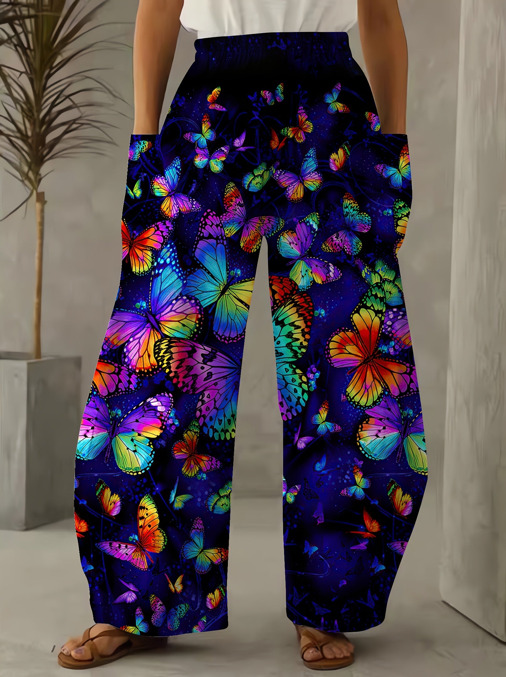 Women'S Butterfly Print 3D Wide Leg Palazzos, Casual Elastic Waist Loose Fit Pants with Pockets, All-Season Polyester 100% Long Length, Non-Stretch Woven Fabric, 120g/m² - Weekend Casual Wear