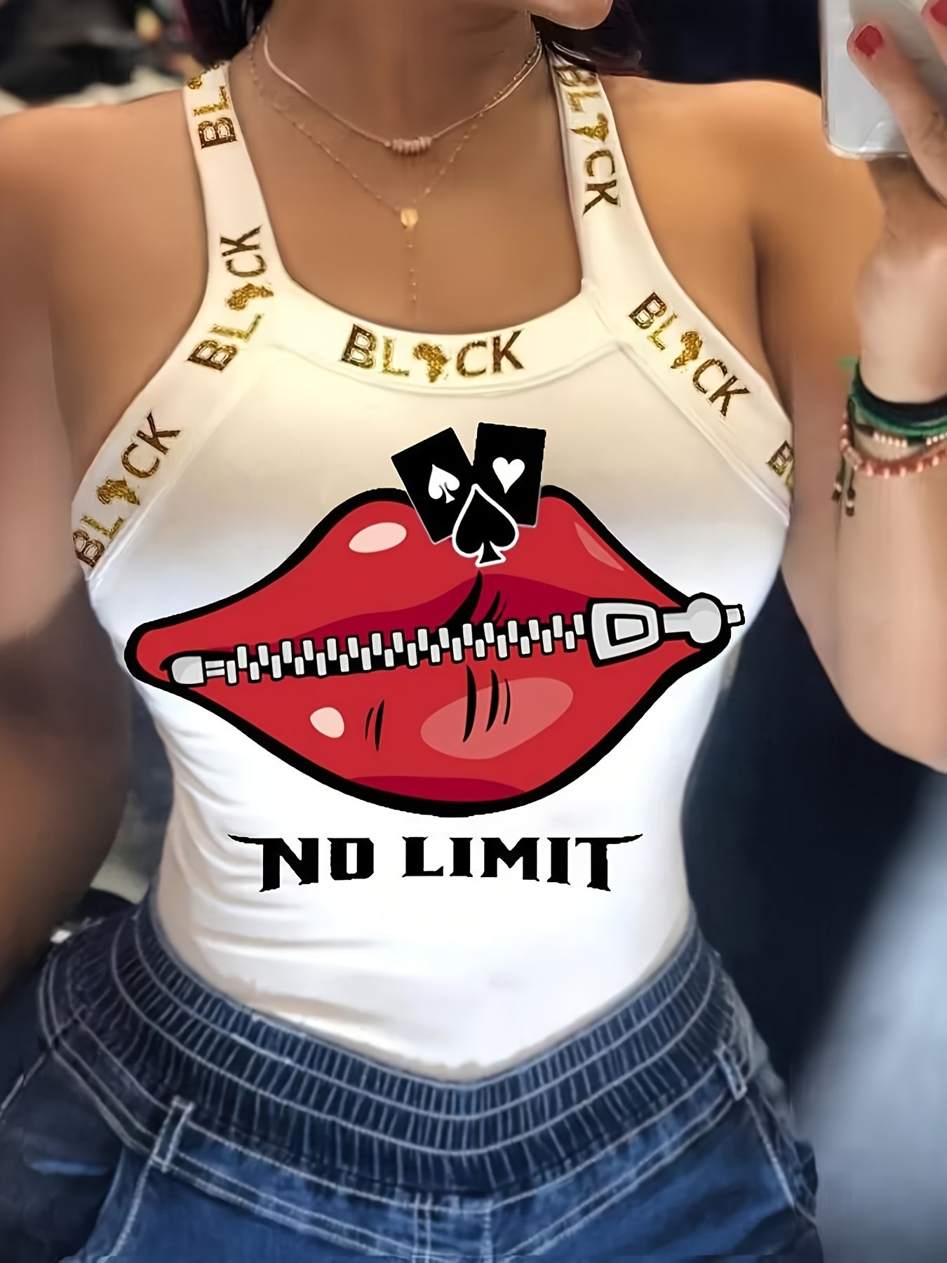 Zipper Lips Print Wide Strap Tank Top, Stylish Bow Back Sleeveless Slim Contrast Strap Top For Spring & Summer, Women's Clothing