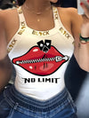 Zipper Lips Print Wide Strap Tank Top, Stylish Bow Back Sleeveless Slim Contrast Strap Top For Spring & Summer, Women's Clothing