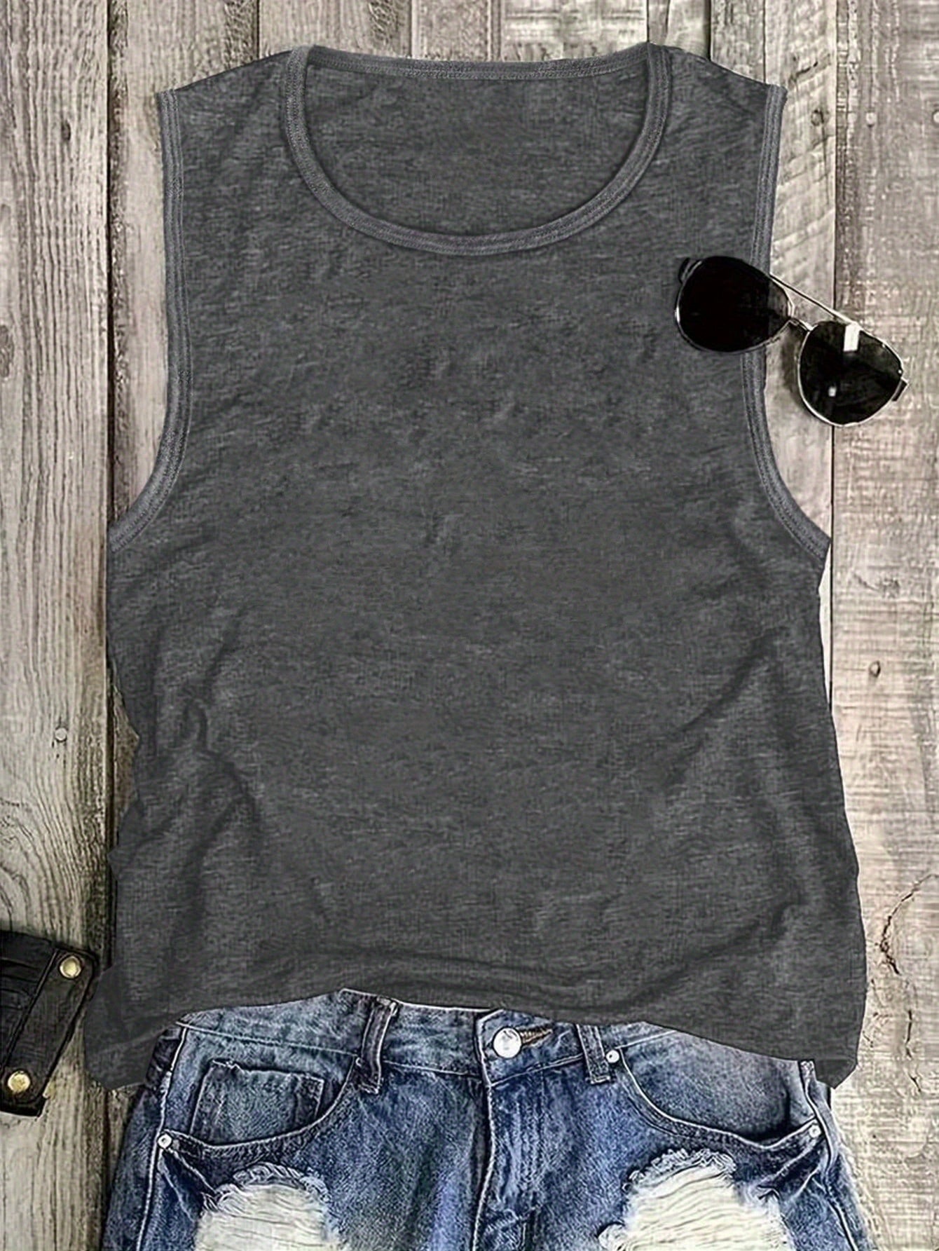 Western Style Denim Printed 160G Women'S Casual Round Neck Vest, Spring And Summer Women'S Vest, Simple Design, Machine Washable, Surprise Gift for Valentine'S Day, New Year And Other Holiday Atmospheres