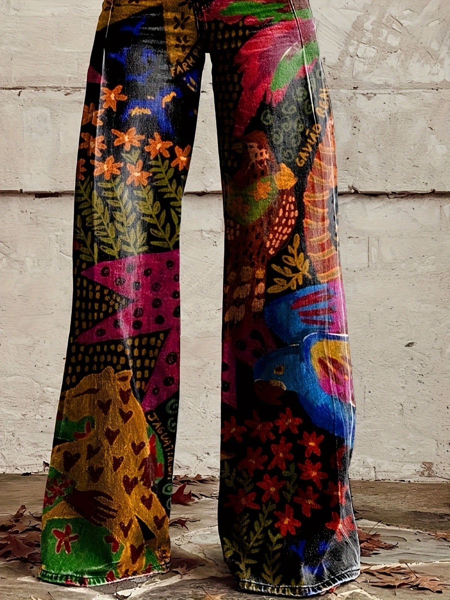 Women'S Rainforest Plants and Flowers Nature Print Thin Casual Denim Wide Legs 3D Fashion Flared Pants, Women'S Autumn Winter Pants