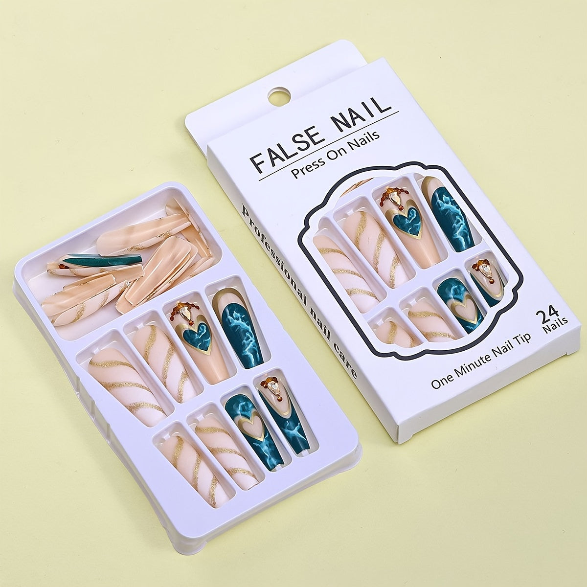 Queen Style, Long Ballet Marble Ombre Press-On Nails with Golden Foil Accents for s - 24pcs, Includes 1 Jelly Glue & 1 Nail File, Perfect Fit and Durable