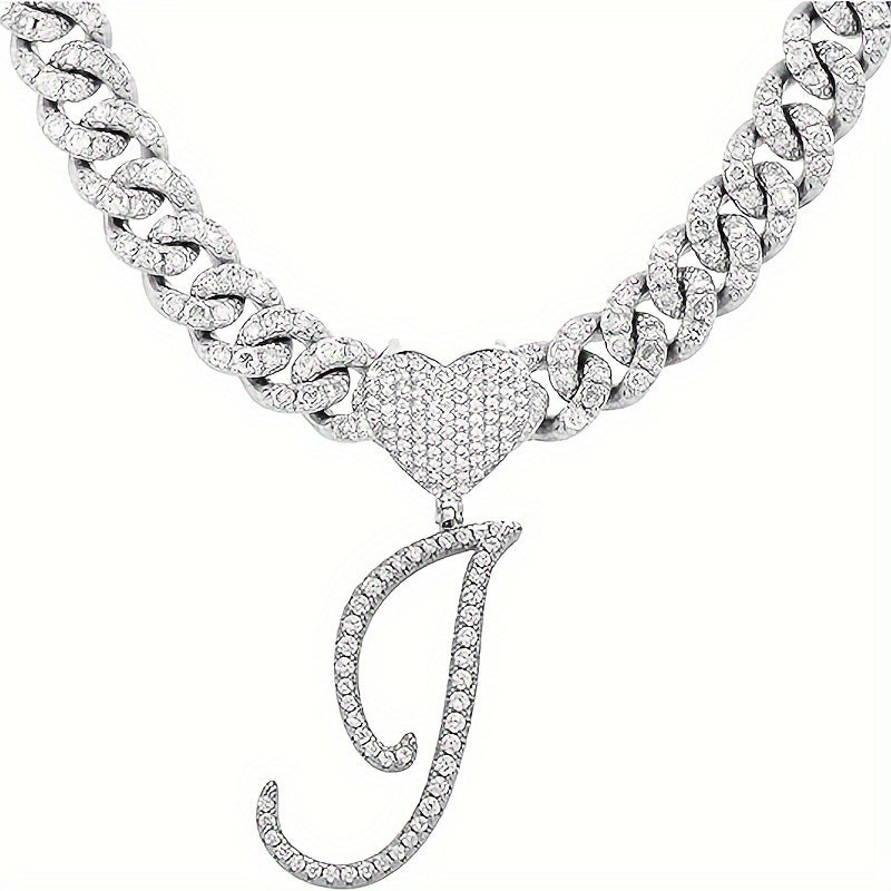 Silvery Cuban Link Necklace - Heart-shaped Alphabet Pendant on Ice Chain - Unisex Hip-hop Jewelry Gift