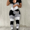 Women'S V-Neck Zipper Jumpsuit - Chic Black, White & Gray Overalls with Leopard Print Detail, Casual All-Season Style