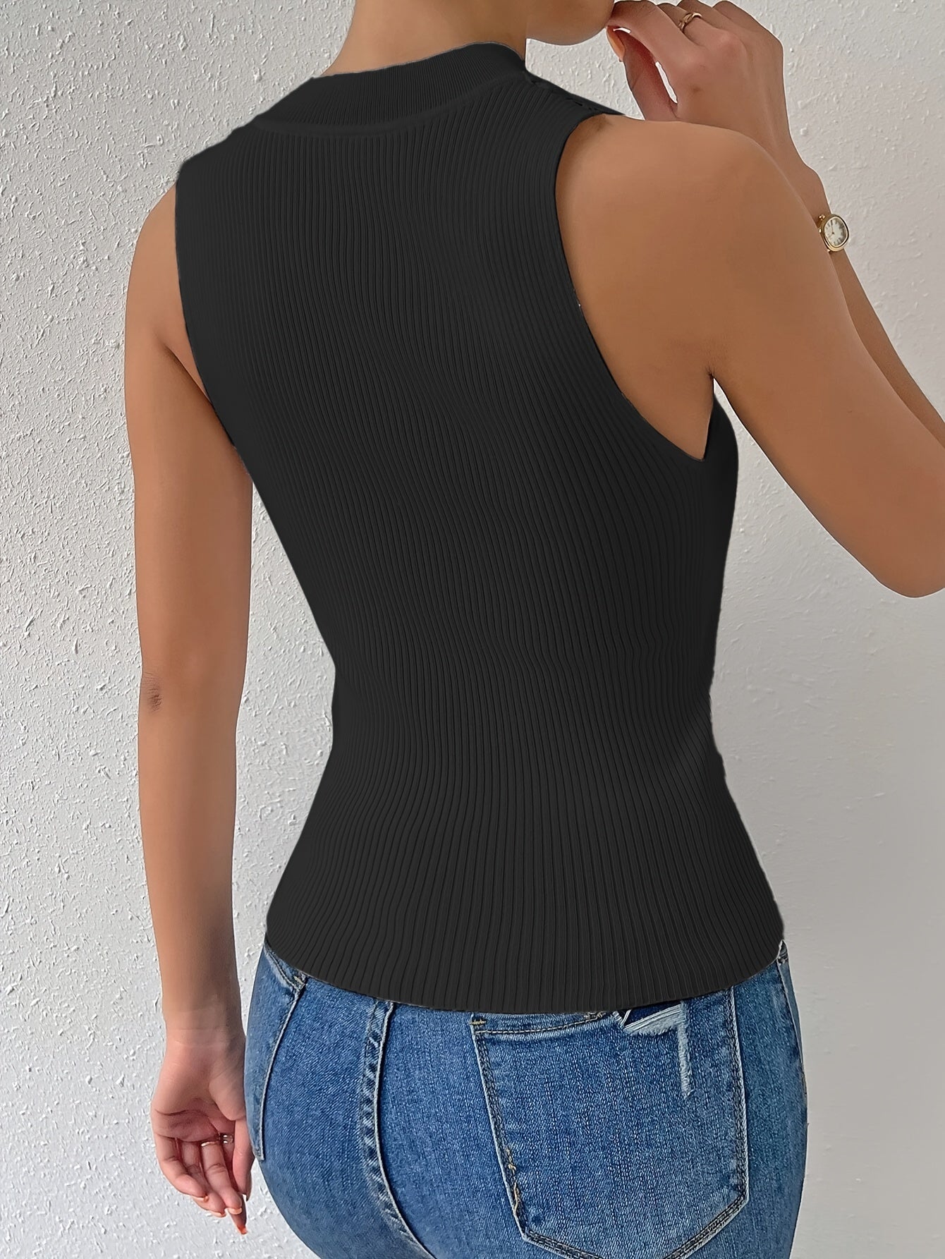 Solid Lace Applique Knitted Top - Elegant Sleeveless Mock Neck Top - Women's Clothing -  Knitted Fabric - For Women - Suitable for Parties & Casual Occasions - Perfect Gift for Her