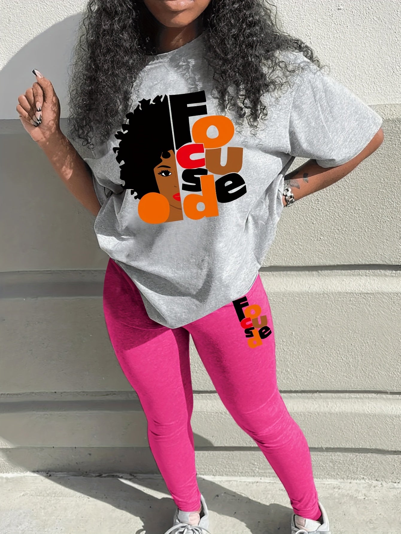 graphic print two piece set, short sleeves & pants, Women's clothing