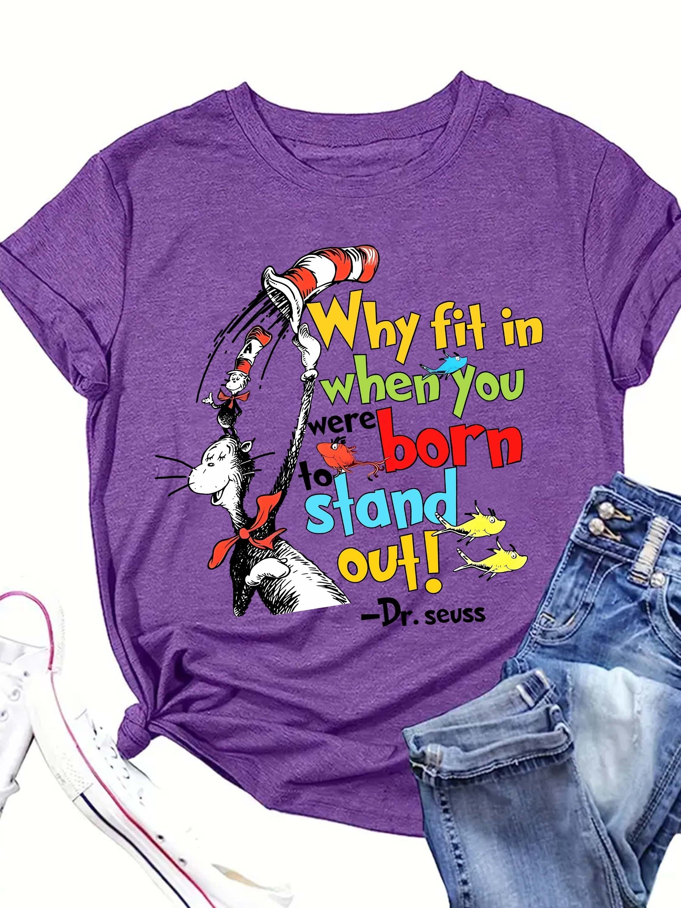 Women's Red Cartoon Graphic T-Shirt - "Why Fit In When You Were Born to Stand Out!" Dr. Seuss Quote, Casual Short Sleeve Crew Neck Top, Perfect for Spring & Summer