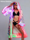 Women's LED Sequin Faux Fur Coat - Long Hooded Festival & Cosplay Outfit, USB-Powered, Flare Sleeves, Mermaid Tail Design, Vibrant Pink to Blue Gradient (Batteries Not Included), Cosplay Costume | Sequin Embellished | LED Lit