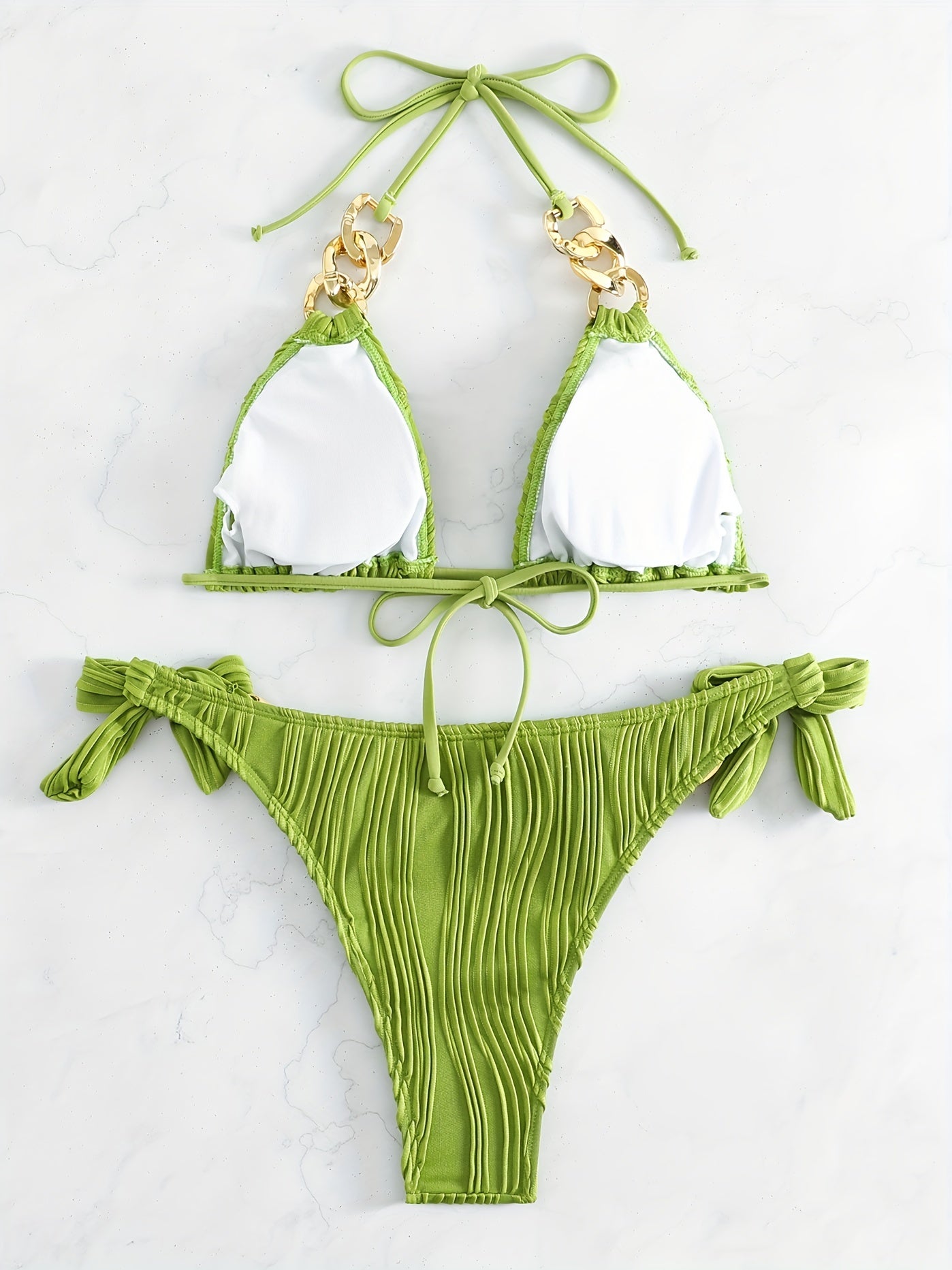 Stripes Ruched Texture Golden Chain Ring Link Halter 2 Piece Set Bikini, Bow Tie Side Triangle Halter Tie Neck Stretchy Swimsuit For Beach Pool Bathing, Women's Swimwear & Clothing