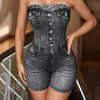 Women's Faux Denim Print Tube Romper - Sexy Strapless Stretchy Skinny Romper Jumpsuit - For Spring & Summer - For Fashionable Women - Perfect for Casual Outings & Parties