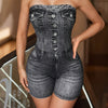 Women's Faux Denim Print Tube Romper - Sexy Strapless Stretchy Skinny Romper Jumpsuit - For Spring & Summer - For Fashionable Women - Perfect for Casual Outings & Parties