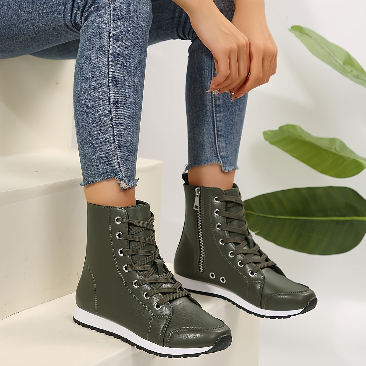 YMM980-99 White & Black Military Green High-Top Side Zipper Women'S Fashion Casual Versatile Inner Zipper Lace-Up Comfortable Breathable Sports Ankle Boots
