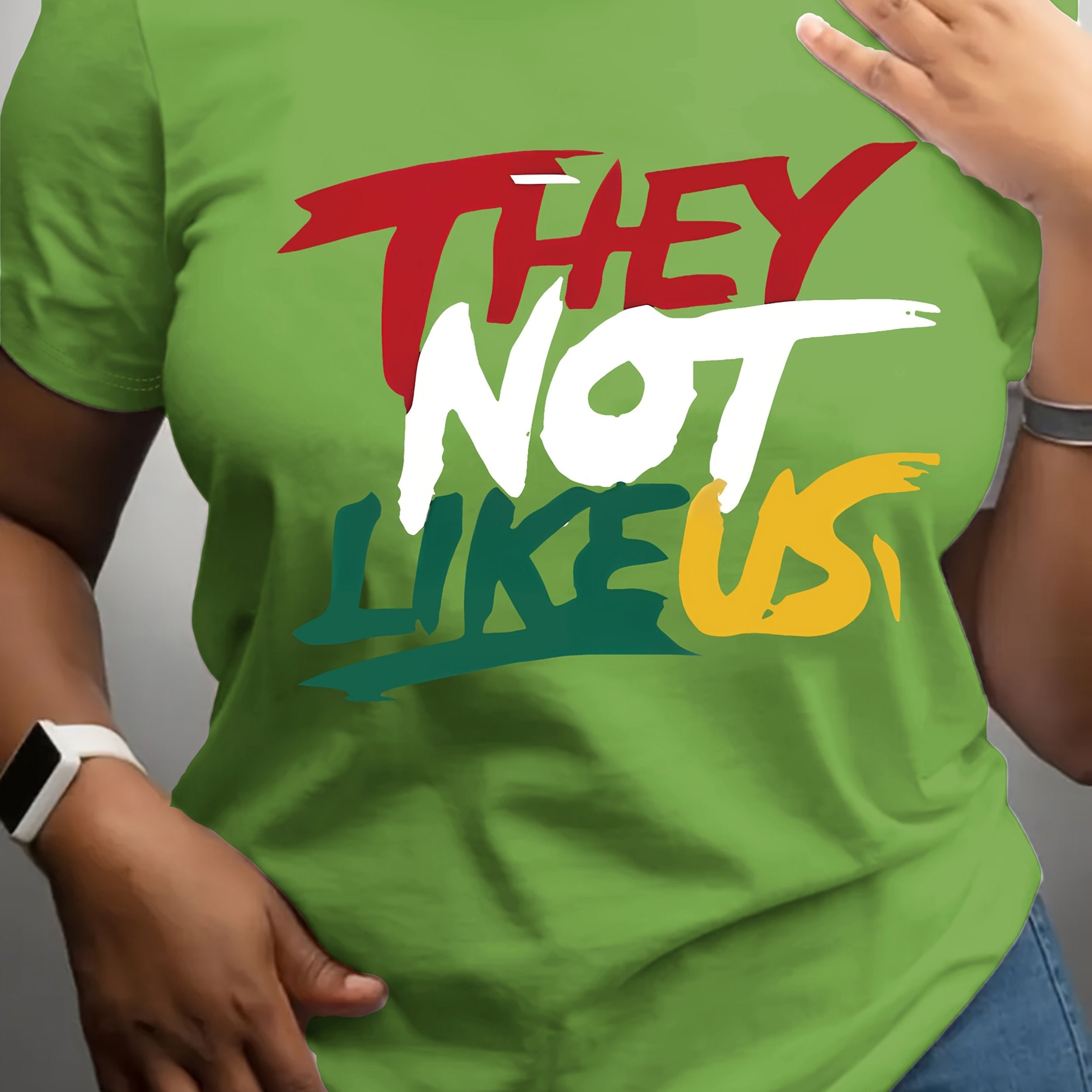 Women's "THEY NOT LIKE US" Bold Letter Print T-Shirt - Vibrant Green Short Sleeve Crew Neck Casual Top, Machine Washable Regular Fit Tee for Spring & Summer