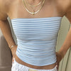Women's Striped Sleeveless Crop Top - Summer Casual Off-Shoulder Shirt with Blue & White Horizontal Stripes, Medium Stretch Machine-Washable Fabric for Beach Outings & Casual Wear, Chic Summer Style, Golden Chain Detail
